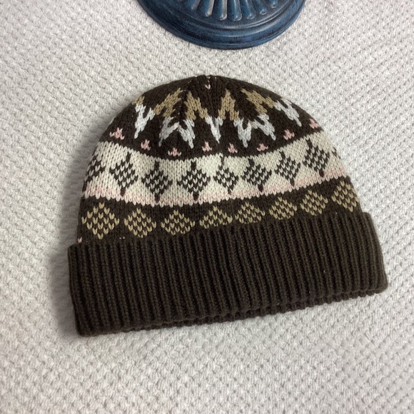 Vans‎ Fair Isle Beanie Knit Cuffed Winter Hat Brown Pink White OSFA - Picture 9 of 10